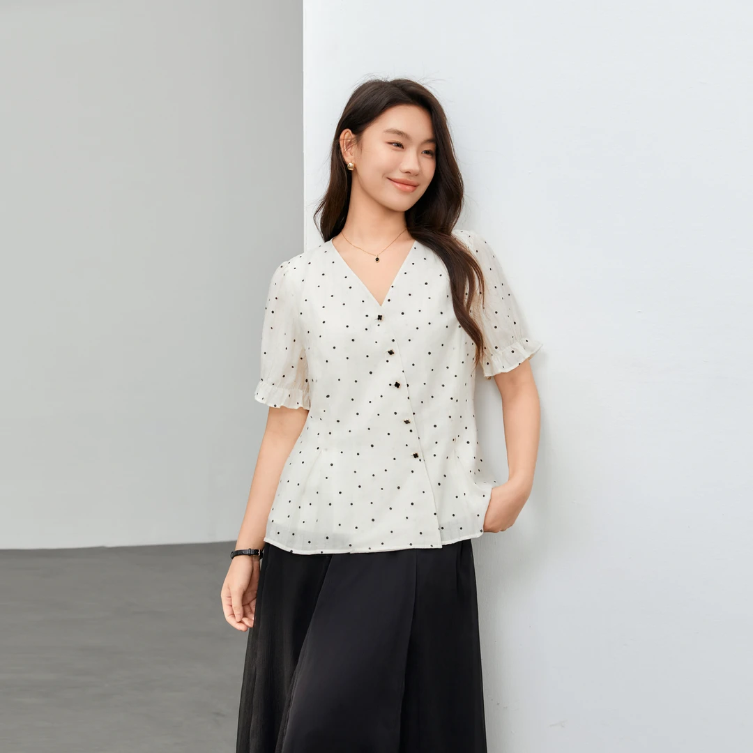【法式复古波点知性优雅莱赛尔衬衫】纤莉秀大码女装上衣QK0785