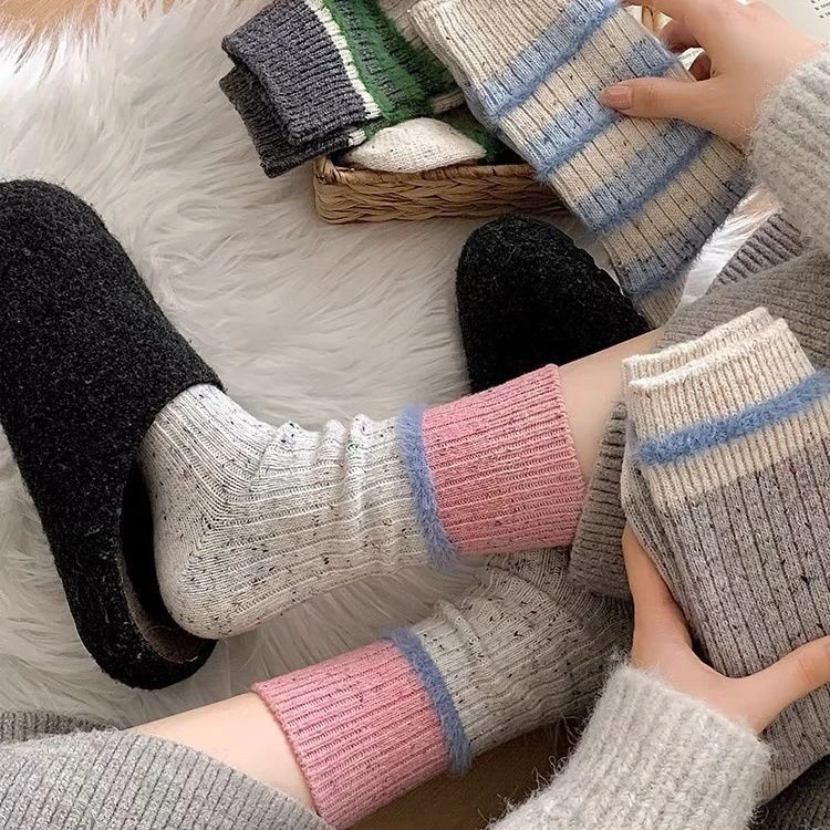 灰色袜子女条纹拼色中筒袜秋冬季加厚保暖日系点子纱堆堆长袜cc