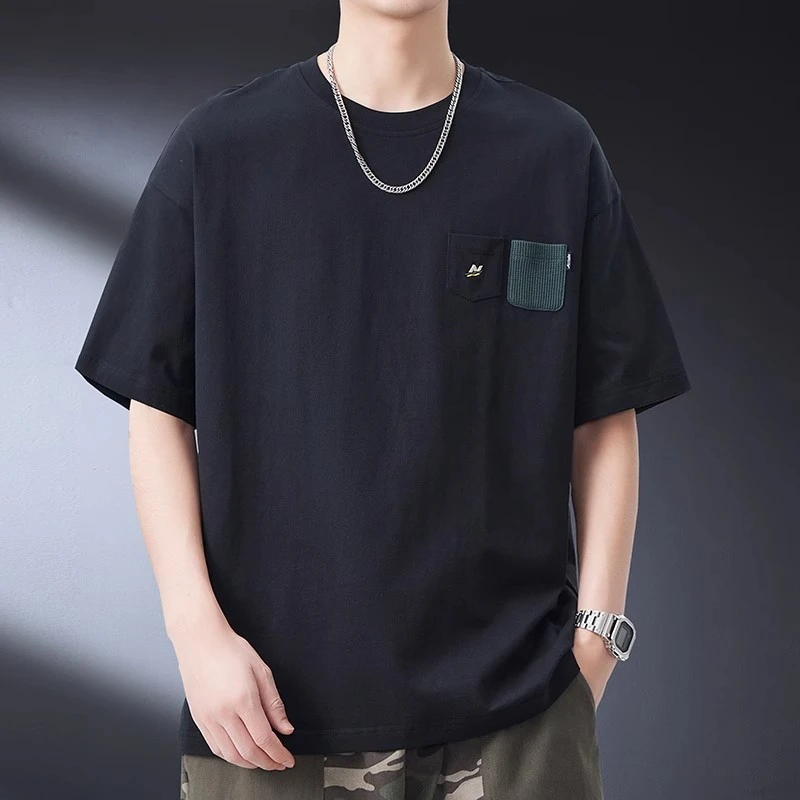 拼色短袖T恤男潮牌痞帅宽松圆领半袖时尚纯棉休闲百搭男装打底衫