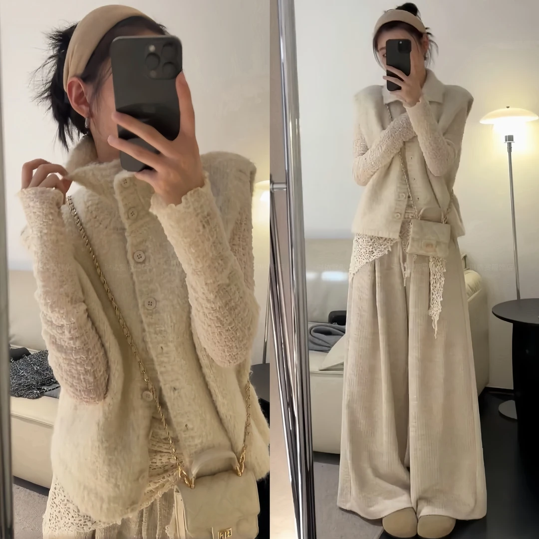 2025秋冬新款韩系高领针织马甲蕾丝百搭打底衫舒适直筒阔腿裤套装