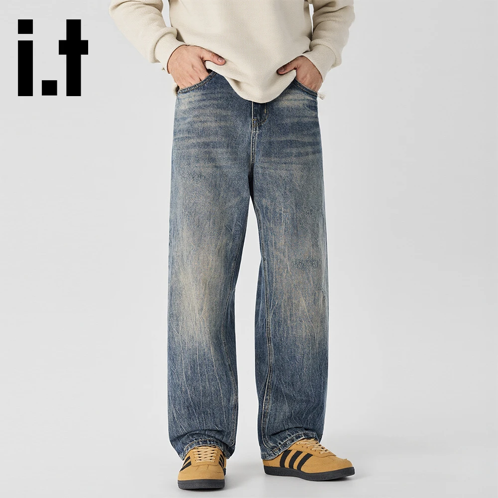 it:CHOCOOLATE美式复古裂纹阔腿牛仔裤男秋季新款潮牌个性长裤子