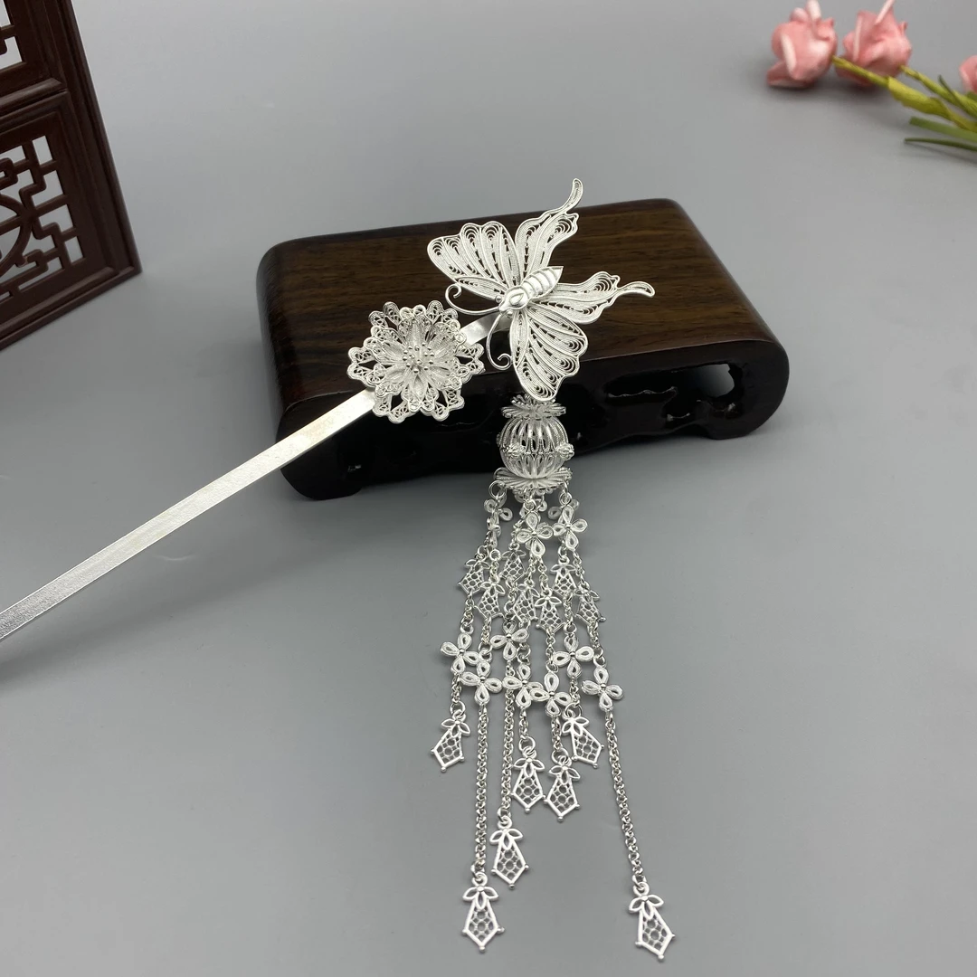 足银银制品 【蝴蝶花灯簪】足银纯手工新中式国风超仙素款发簪
