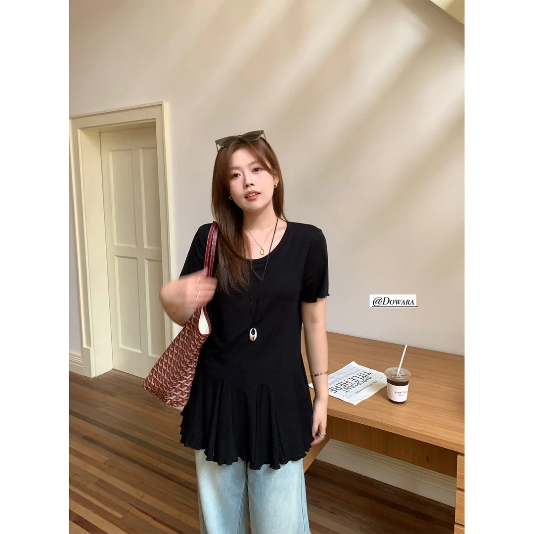 现货大婉酱微胖定制【凉凉衣】t恤莱赛尔夏季减龄设计圆领上衣8123D