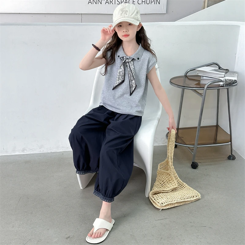 女童丝巾短袖九分裤套装2025新款夏季洋气poloT恤防蚊阔腿裤t