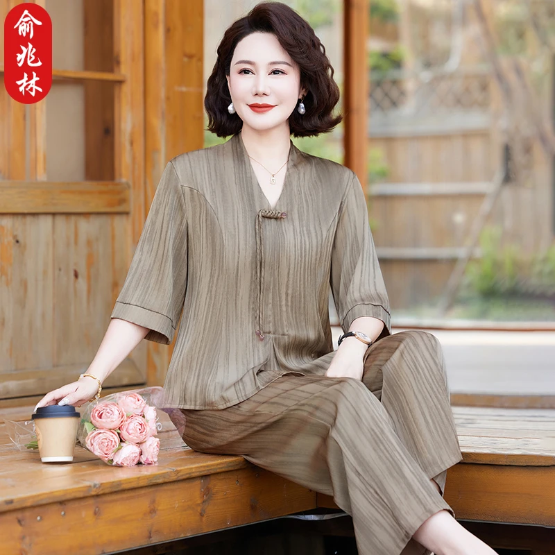 俞兆林妈妈夏装新中式雪纺套装洋气中老年女装上衣贵夫人国风小衫