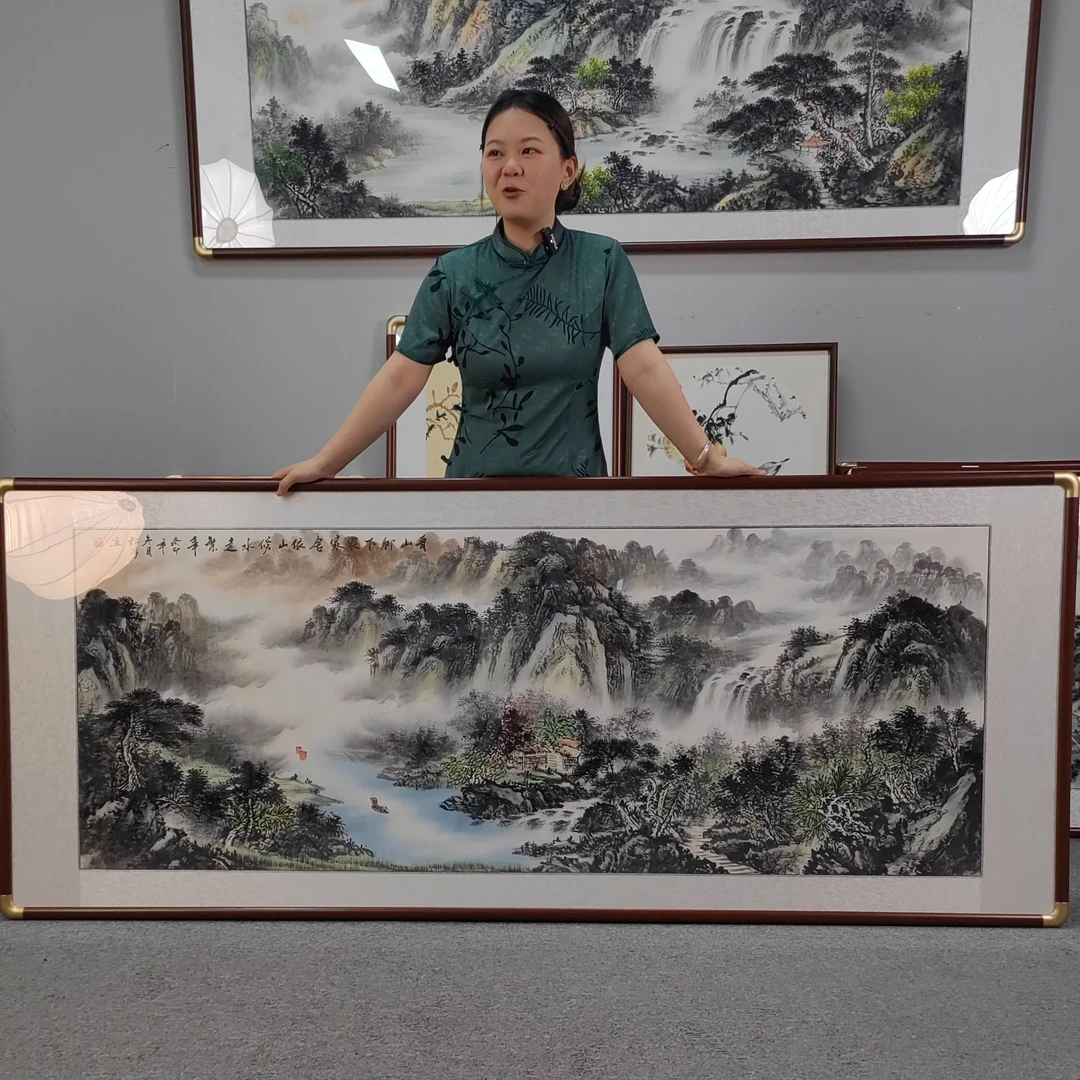 纯手绘依山傍水远繁华208*86山水画中国画字画直播间