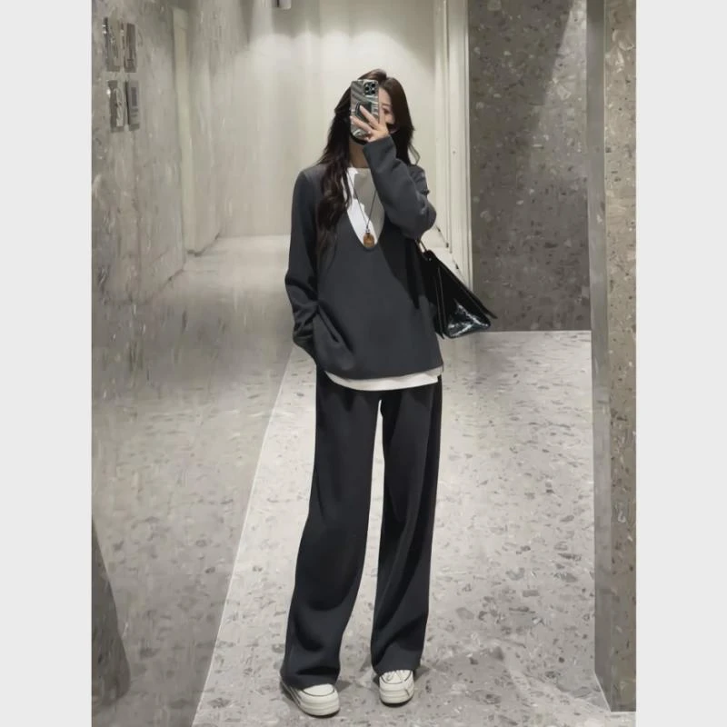 秋季新款日韩简约时尚假两件撞色拼接上衣+休闲长裤两件套装女