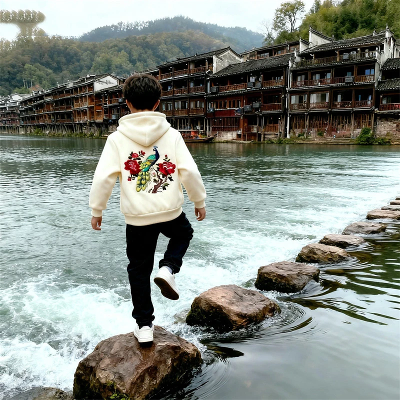 国潮流狮连帽刺绣花卫衣2025新款儿童中国风男女同款开衫百搭外套