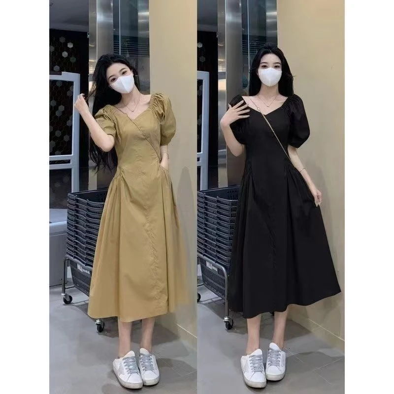 大码女装夏季新款法式气质高级感收腰长裙子显瘦简约设计感连衣…