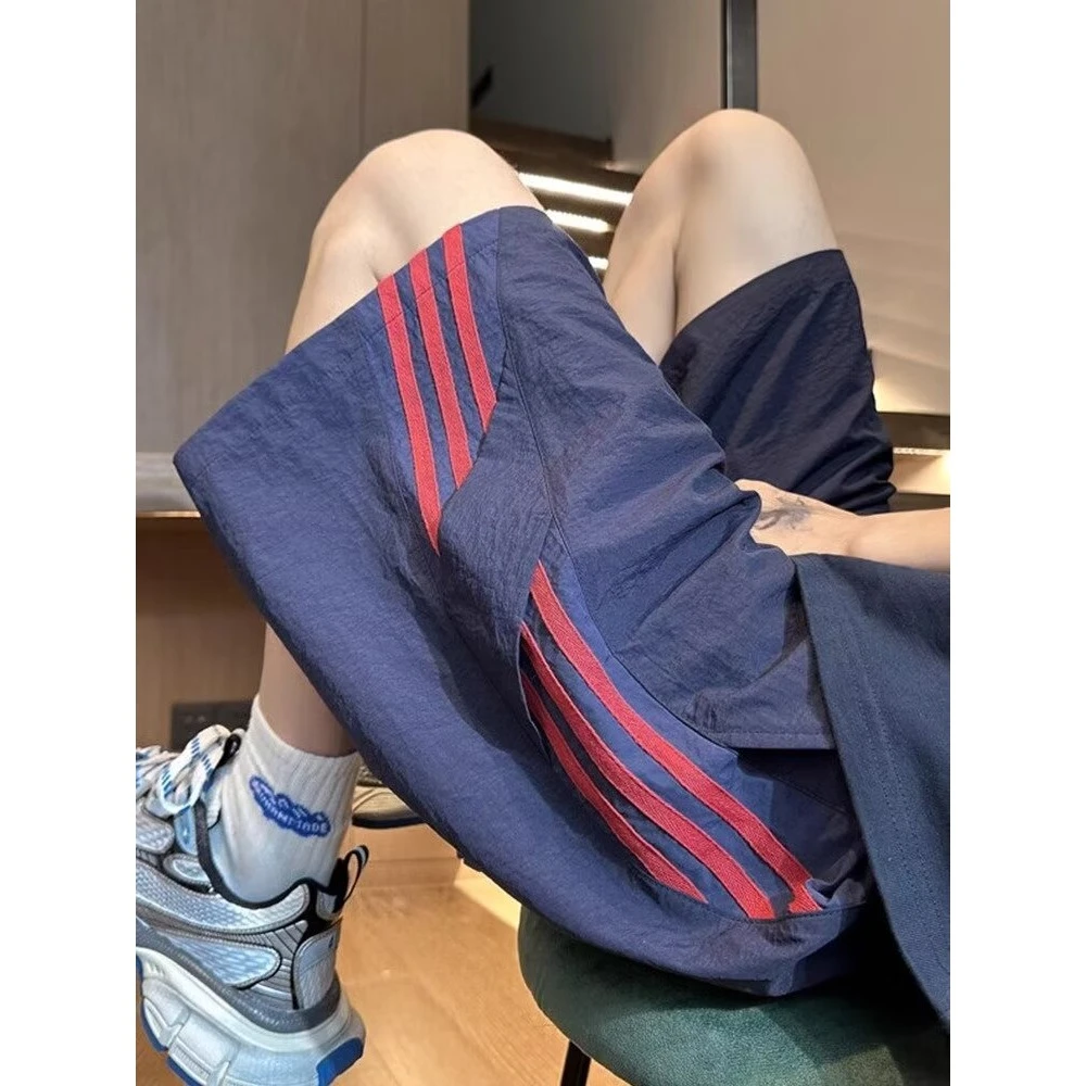 藏青色速干短裤男潮牌条纹青少年学生运动休闲五分裤宽松沙滩中裤