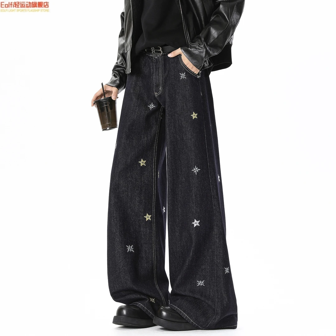 Eolfi潮牌美式星星刺绣丹宁直筒牛仔裤男宽松潮流阔腿百搭长裤