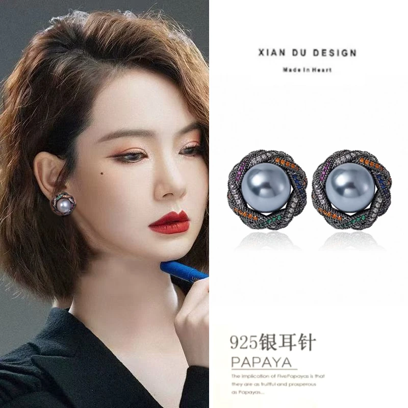 铜合金耳饰 大气交叉缠绕镶钻灰色珠珠耳钉复古轻奢耳饰显脸瘦女