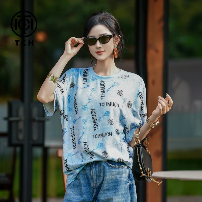TCH轻奢烫钻工艺街头潮流百搭短袖T恤男女同款T75C10E9035私服tch