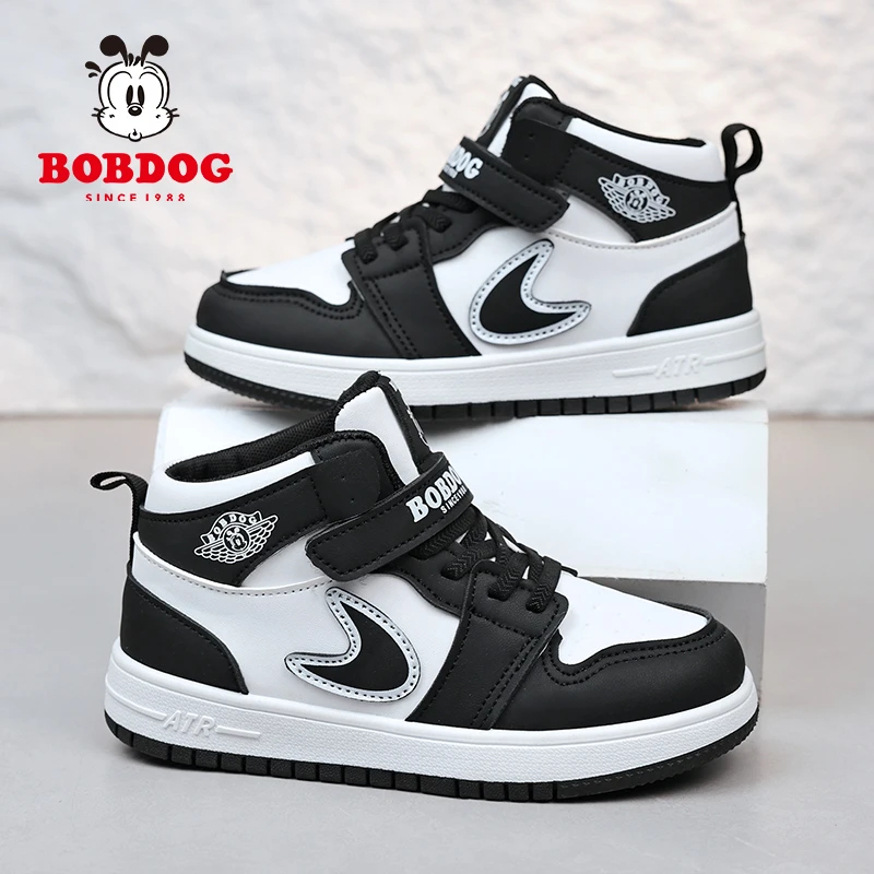 巴布豆童鞋男童高帮板鞋儿童春秋新款防水皮面运动鞋男孩休闲潮鞋
