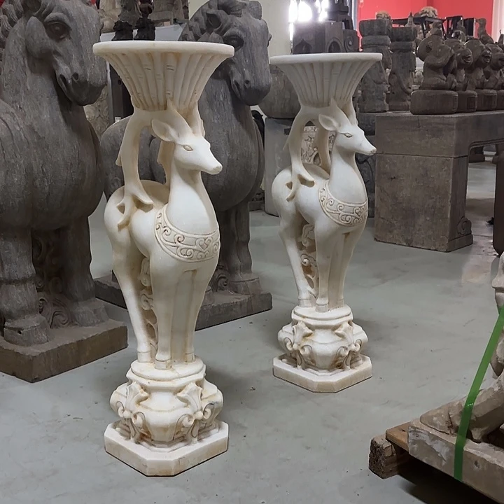 青田石汉白玉小鹿花架一对，包邮