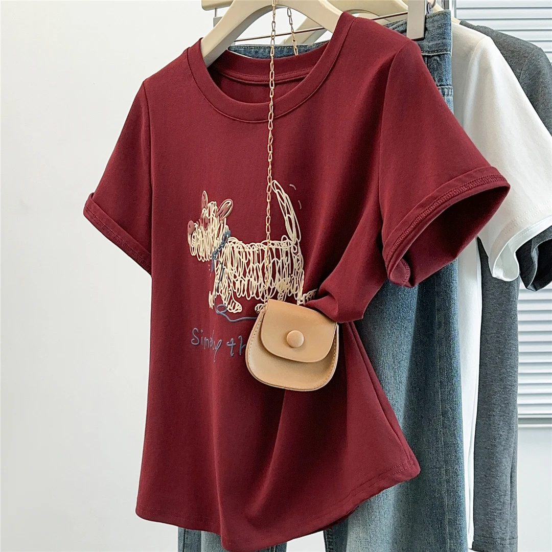 正肩短袖t恤女夏季大码女装胖mm休闲复古小狗宽松遮肚子显瘦上衣