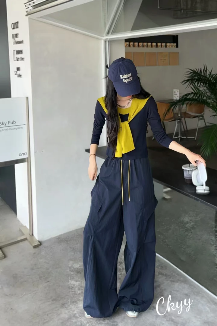 衣凡8805撞色长袖时尚圆领T恤修身型套装