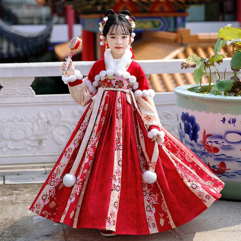 99608JR女童汉服古风襦裙冬季加绒加厚保暖中国风拜年服连衣裙子
