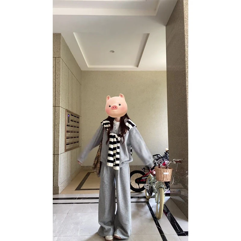 韩系慵懒风条纹披肩卫衣宽松显瘦阔腿长裤秋季灰色休闲运动套装女