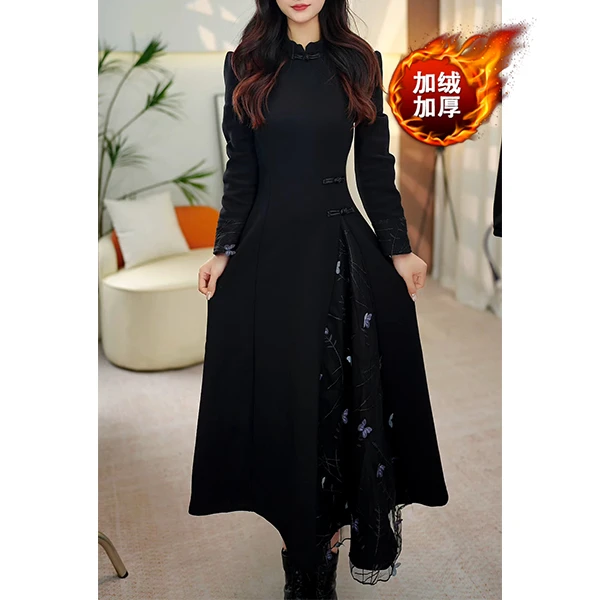 L5997 新中式旗袍裙黑色国风连衣裙秋季大新中式冬季加绒修身旗袍