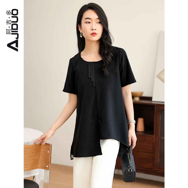 阿吉多短袖t恤女2025新款夏季时尚不规则遮胯显瘦高级黑色上衣