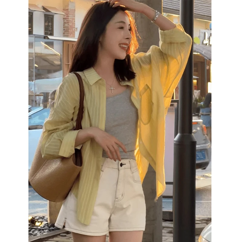 防晒衬衫女夏季天丝条纹衬衣2025年新款外穿薄款外套法式宽松上衣