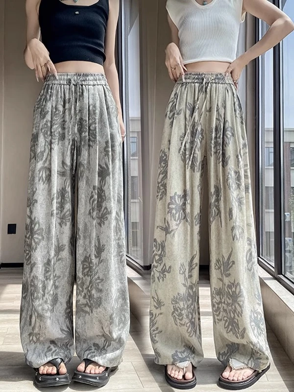 胖MM大码新中式国风直筒裤高腰垂感夏季新款时尚阔腿裤印花休闲裤