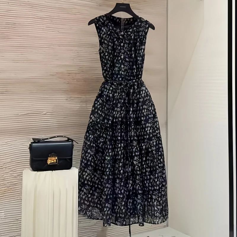 夏季新款无袖显瘦国风时尚气质宽松蕾丝碎花复古法式连衣裙