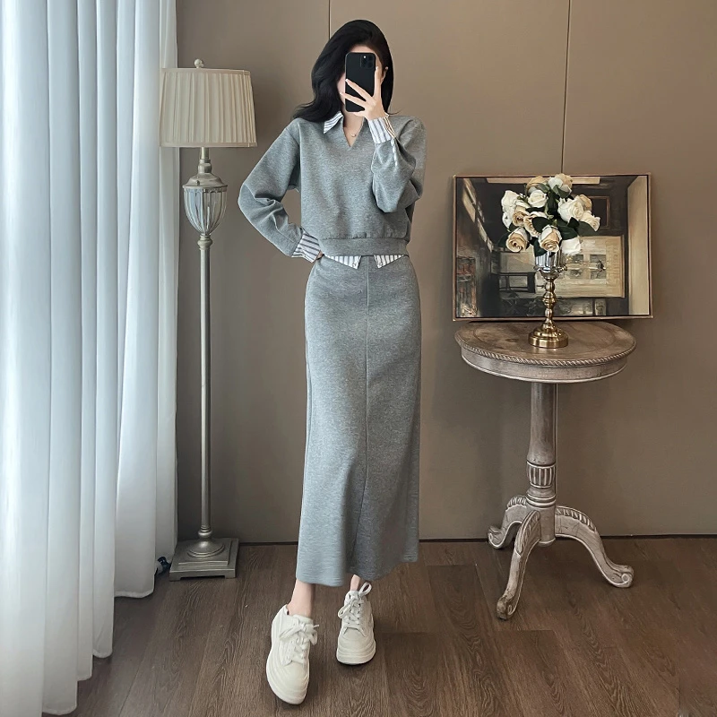 秋冬新款时尚休闲套装女气质减龄假两件灰色上衣半身裙显瘦两件套
