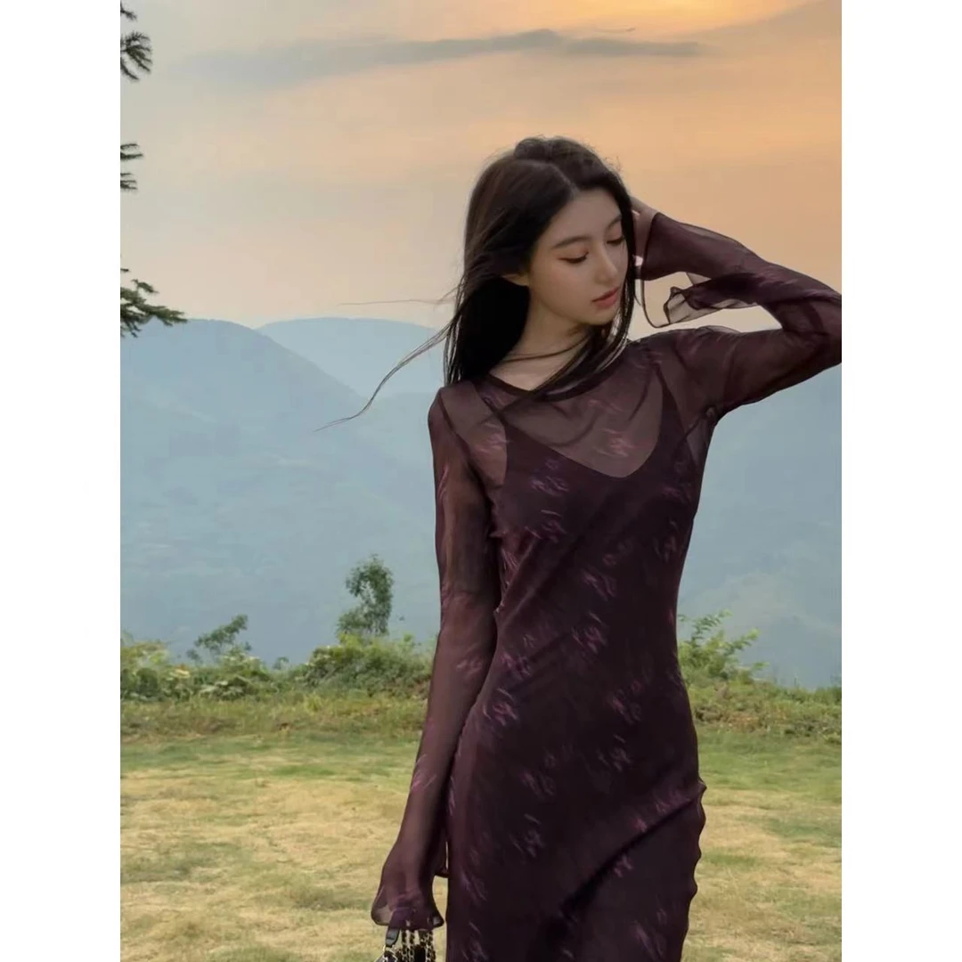 Z11《烟火幻影》 早秋高定幻影纱长袖连衣裙垂顺丝滑优雅知性两件套