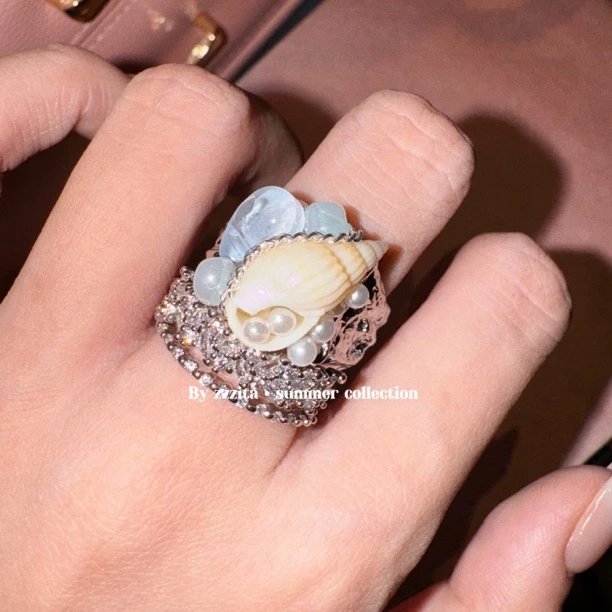 合金仿珍珠戒指 Mermaid Dairy·美人鱼物语～手工蓝色海螺贝珠戒指