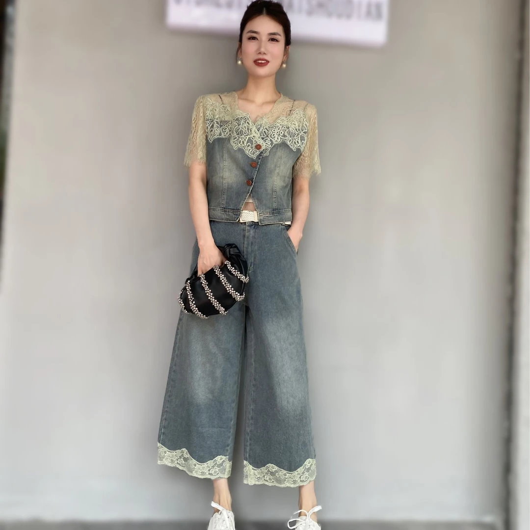 【JY】蕾丝拼接牛仔套装女2025夏季新款洋气阔腿裤两件套时尚休闲
