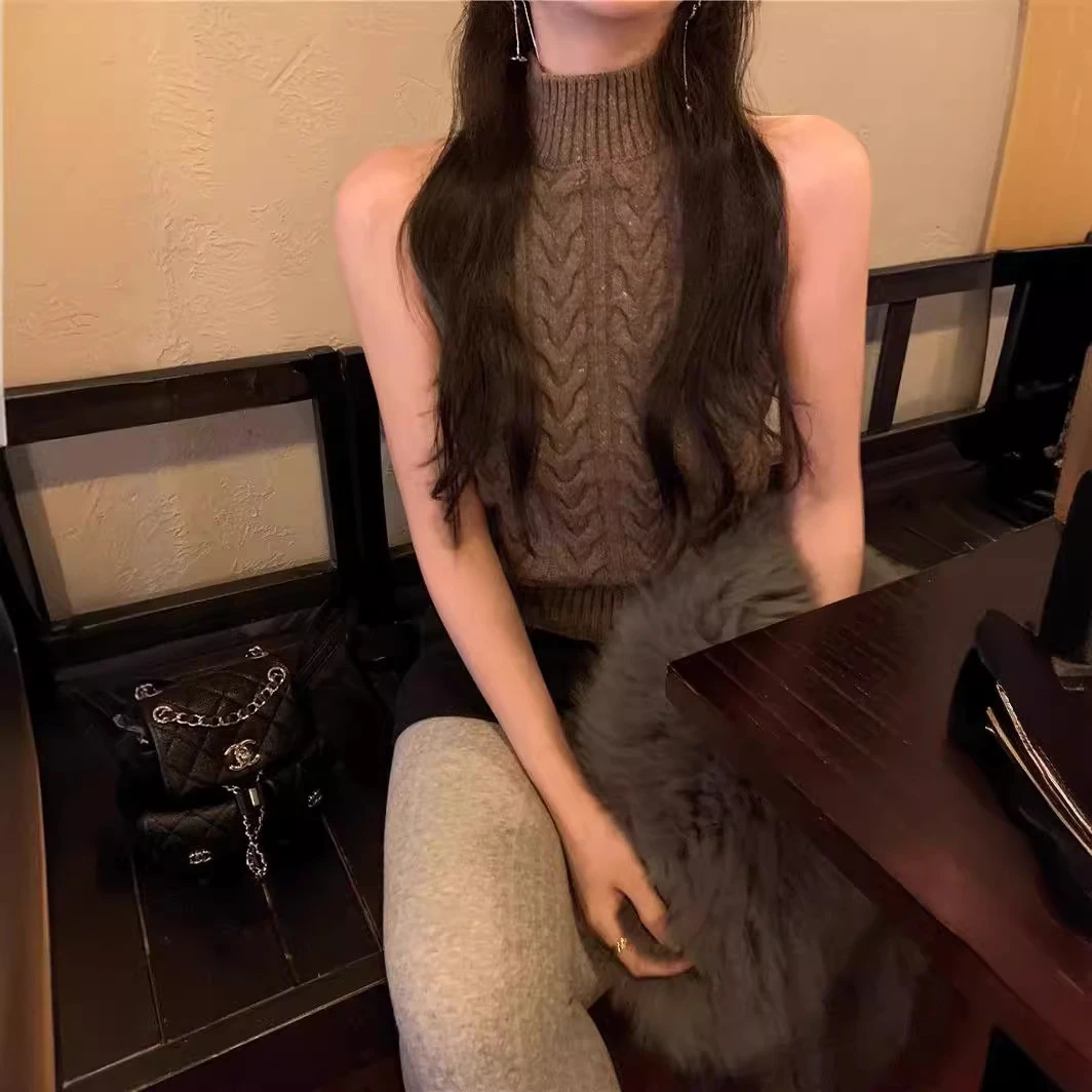 复古麻花半高领针织衫背心女春夏季新款紧身短款无袖打底内搭上衣