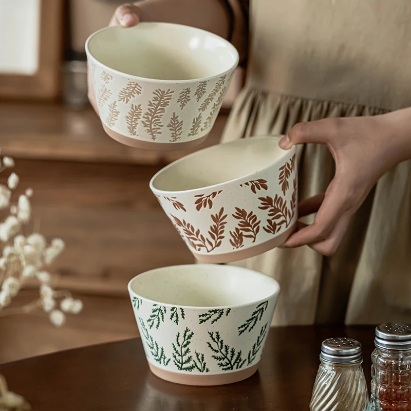 沙拉碗日式复古面碗家用浮雕一人饭碗高颜值陶瓷菜碗水果甜品碗