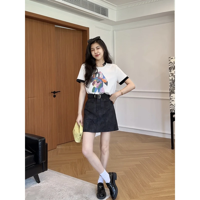 张阿星【轻氧漫游】卡通挂链拼色正肩莱赛尔棉T+A字裙裤 W425A10106