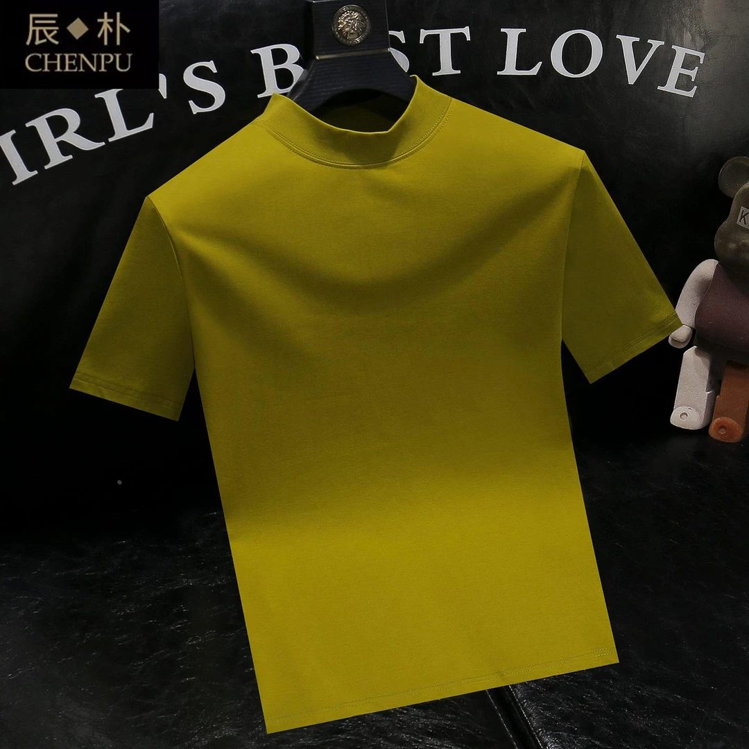 简约纯色百搭半高领短袖t恤夏季新款韩版男士修身半袖ins潮上衣