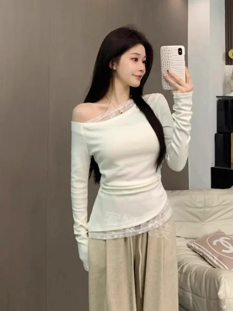 一字肩侧收褶拼接蕾丝【T恤】女秋韩版气质修身假两件露肩打上衣