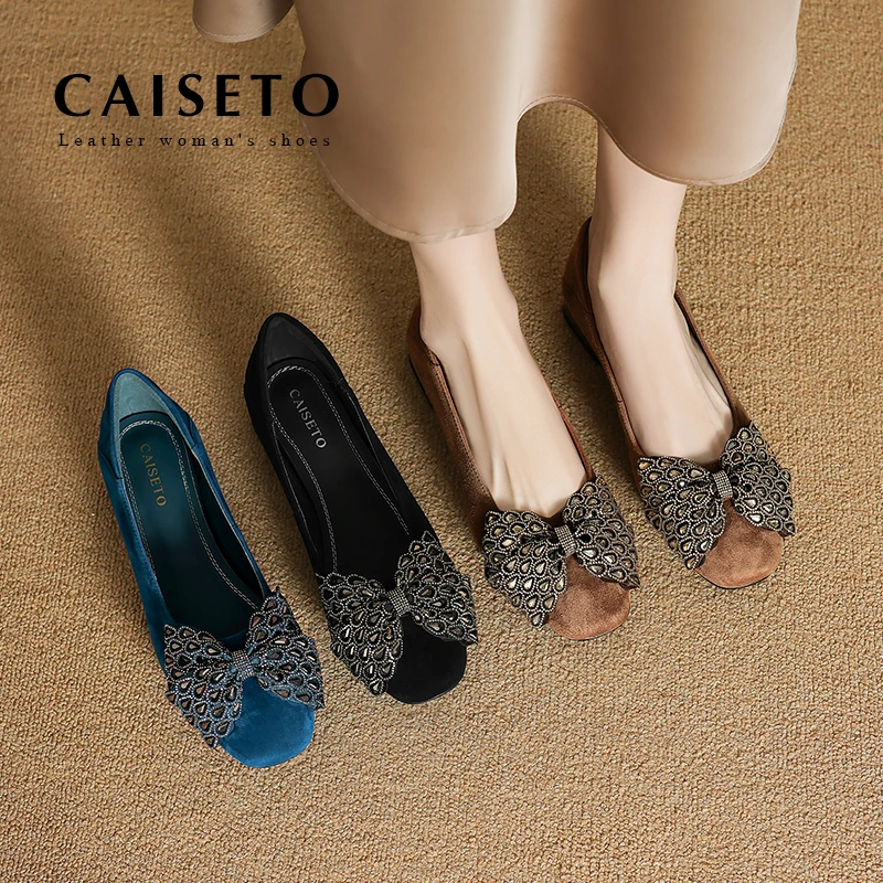 头层羊皮/2.5cm新款方圆头时尚蝴蝶结平底单鞋通勤百搭低跟鞋D252