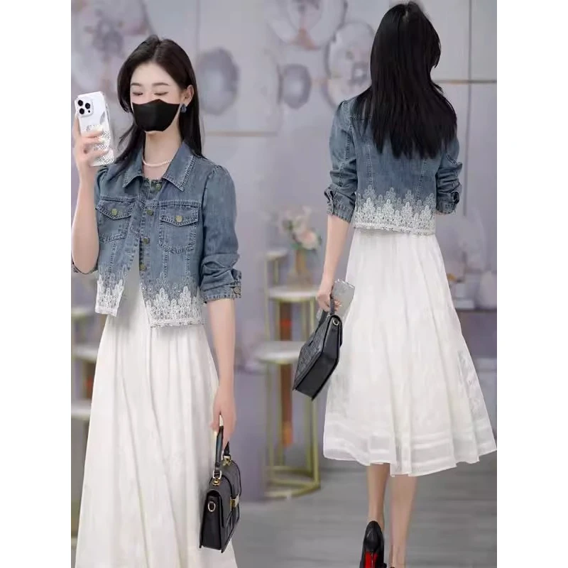 拉夏贝尔高级感洋气套装女2025早秋新款牛仔外套显瘦背心裙两件套