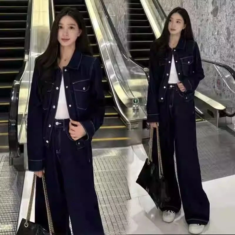 拉夏贝尔复古牛仔套装女2025秋季新款时髦洋气短外套阔腿裤两件套