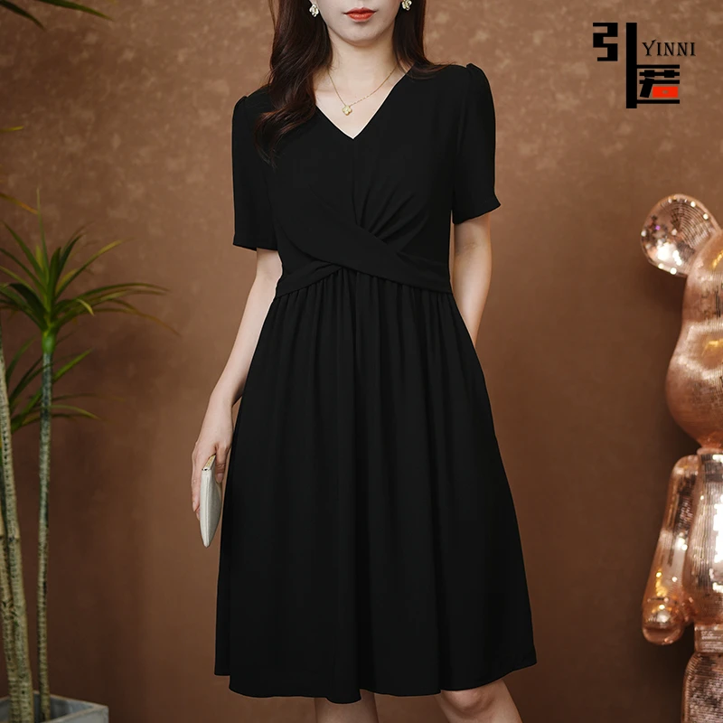 引匿(现货)A264阳光珠气质休闲交叉舒适百搭短袖连衣裙 2025夏