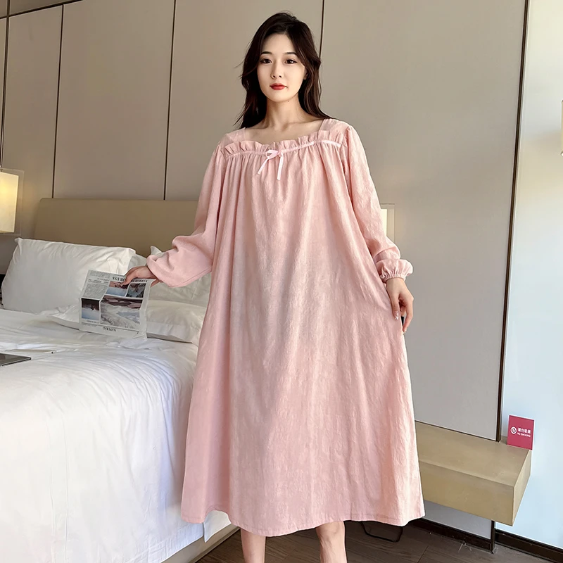 春秋季大码纯棉睡裙薄款女长袖睡裙甜美宽松家居服胖mm200斤长裙