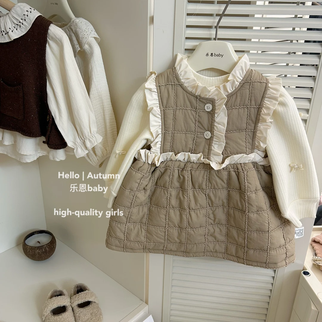 现货【乐恩童装】女童冬新款咖色蝴蝶结背心裙泡泡袖打底衫两件套装