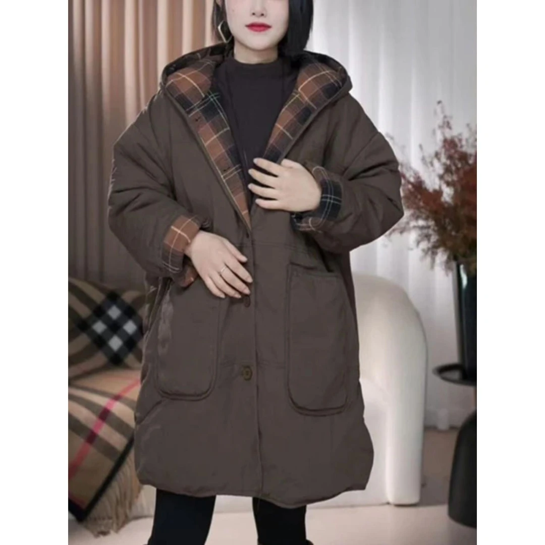 冬季新款中长款连帽棉服女H时尚妈妈装格子拼接休闲显瘦保暖外套