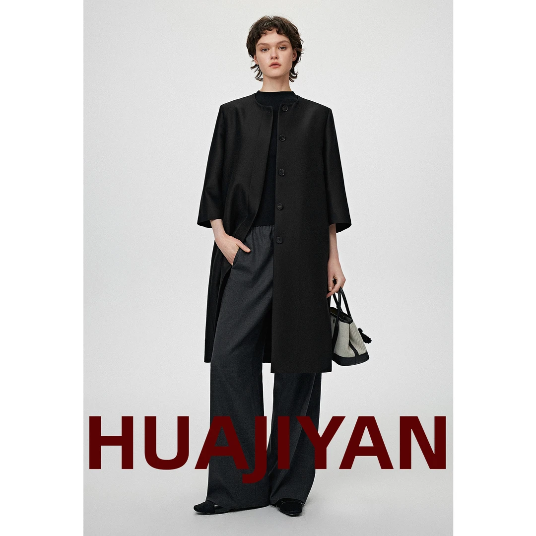 华吉言/HUAJIYAN【夜曲】羊毛桑蚕丝双面绸圆领中袖长款风衣