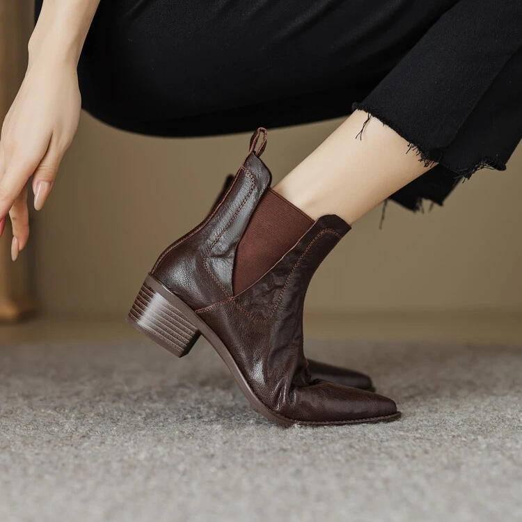 羊皮断码清仓尖头秋冬切尔西靴女短靴2025新款粗跟复古加绒马丁靴