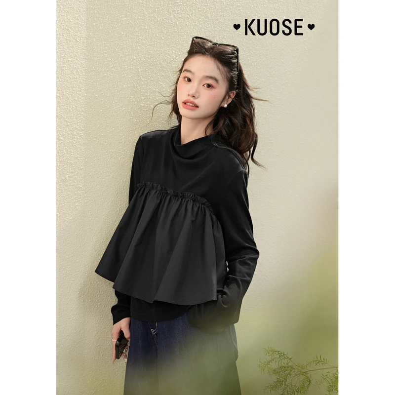 阔色假两件木耳边吊带上衣2025春季新款半高领长袖T恤KSD2501012