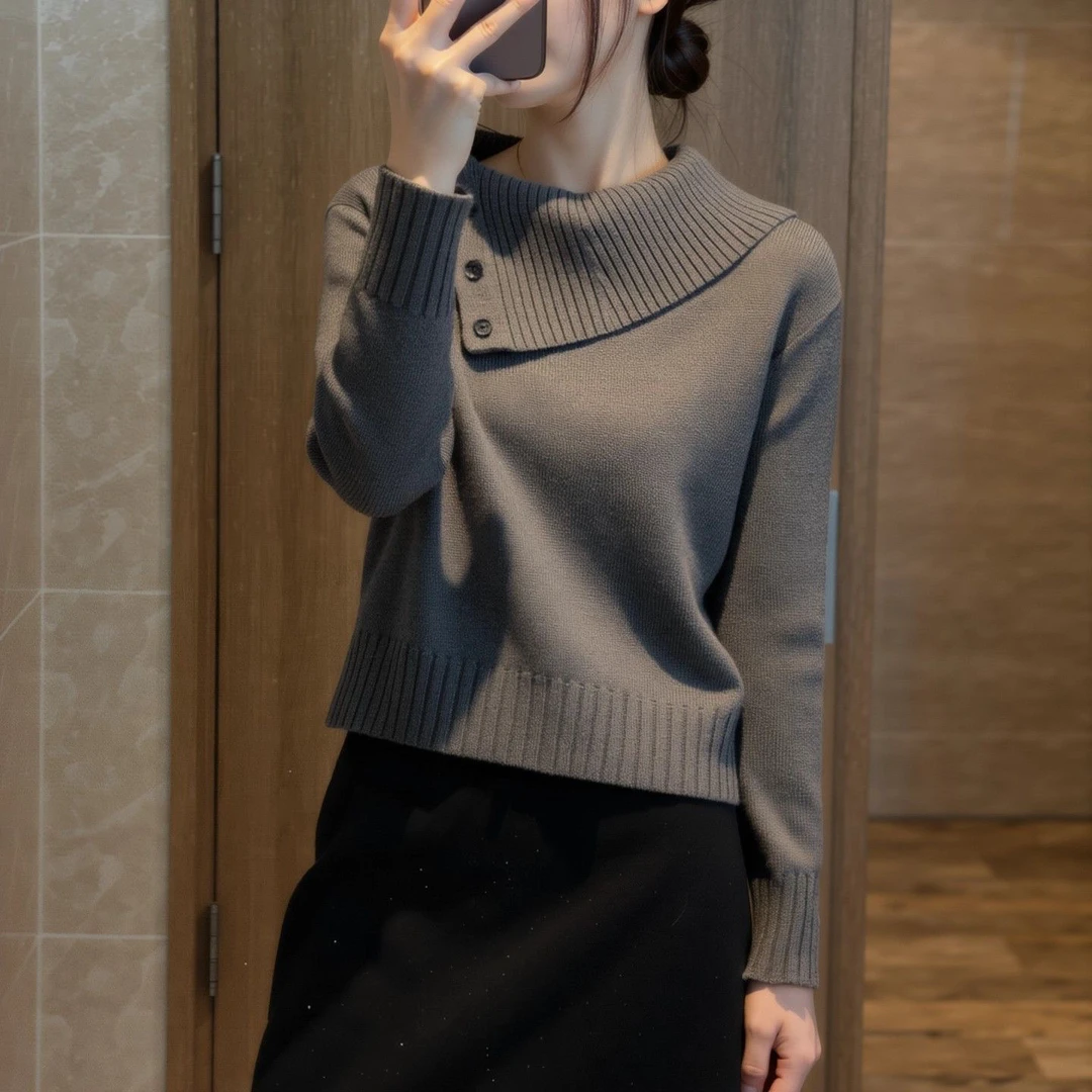 【专柜正品】大码设计感不规则翻领长袖针织衫女秋冬新款百搭上衣