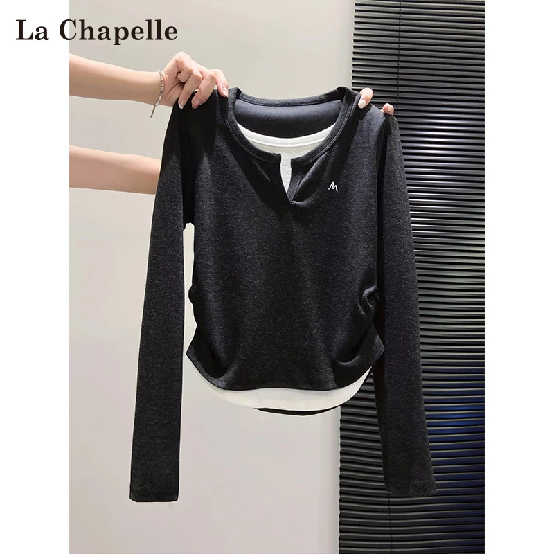 拉夏贝尔假两件撞色长袖t恤女春秋新款内搭高级感打底衫短款上衣