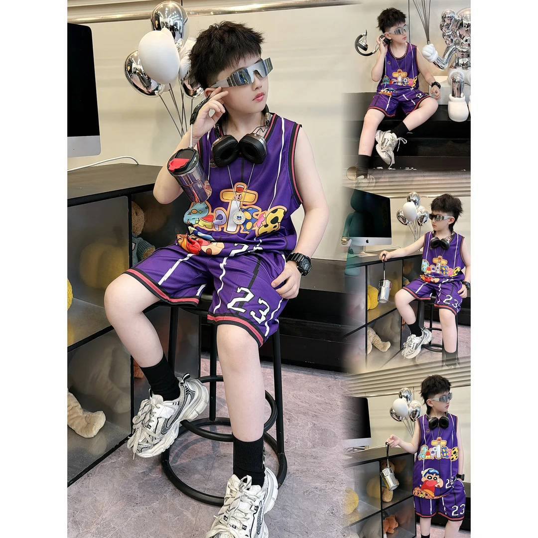 蛋蛋家【紫色小新】夏季新款儿童洋气紫色小新运动套装